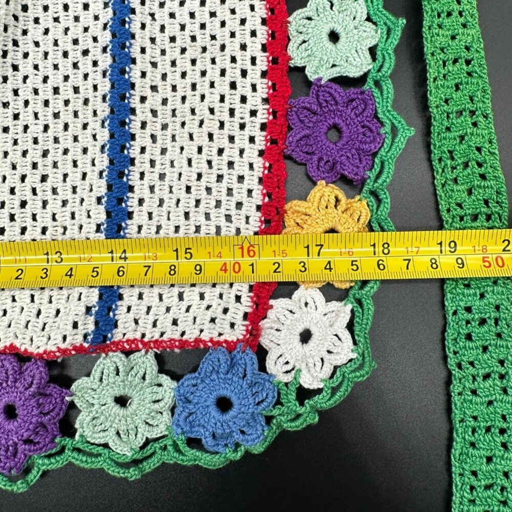 Vintage Floral Apron Handmade Crochet Knitted Flowers Rainbow Stripes Retro - Picture 7 of 7